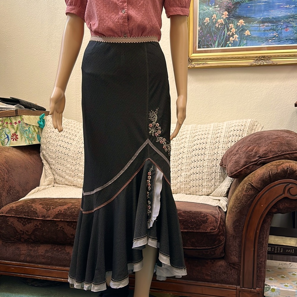 Burning Torch Maxi Skirt with Ribbon/Beading/Floral Embroidery Embellishments